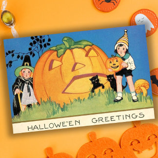 ヴィンテージ風ハロウィン: かわいい魔女とジャック・オ・ランタン カード