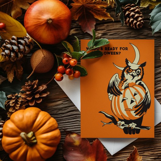 ヴィンテージ風フクロウとカボチャのハロウィン カスタムメッセージカード ポストカード