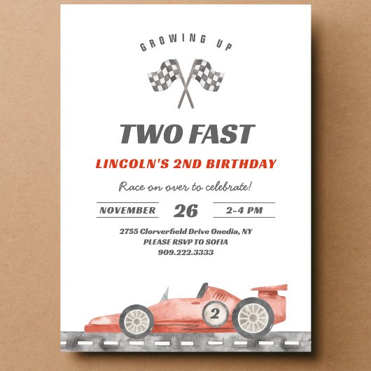 ヴィンテージ風レーシングカー 2歳の誕生日 招待状