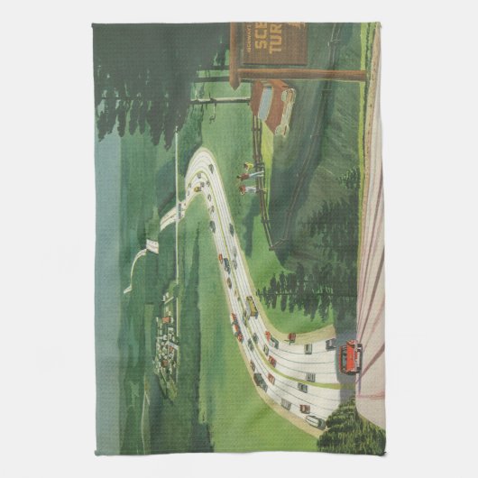 ヴィンテージ風光明媚なアメリカの高速道路、車の道路の旅 キッチンタオル (縦)