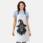 ヴィンテージ風彫刻 ドクロ 魔女の帽子 ハロウィン Tシャツ_ エプロン (着用した状態)