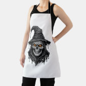 ヴィンテージ風彫刻 ドクロ 魔女の帽子 ハロウィン Tシャツ_ エプロン (インサイチュ)