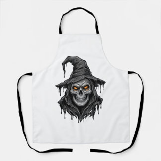 ヴィンテージ風彫刻 ドクロ 魔女の帽子 ハロウィン Tシャツ_ エプロン