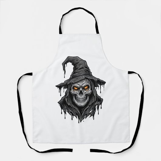 ヴィンテージ風彫刻 ドクロ 魔女の帽子 ハロウィン Tシャツ_ エプロン (正面)