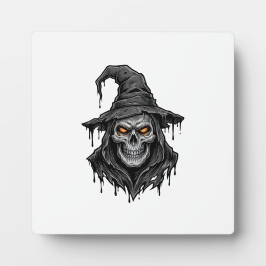 ヴィンテージ風彫刻 ドクロ 魔女の帽子 ハロウィンTシャツ_ フォトプラーク (正面)