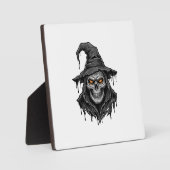 ヴィンテージ風彫刻 ドクロ 魔女の帽子 ハロウィンTシャツ_ フォトプラーク (正面)