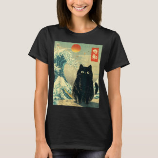 ヴィンテージ風日本製黒いアニメ猫の大きな波 猫 Tシャツ