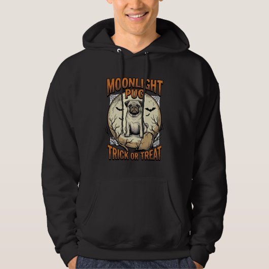 ヴィンテージ風月彫刻プリントの パグ ハロウィンTシャツ パーカ (正面)