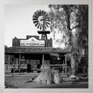 ヴィンテージ風車の白黒の写真 ポスター