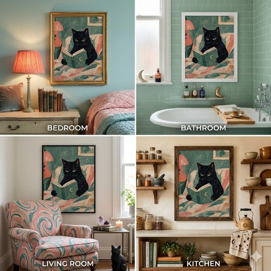 ヴィンテージ風黒猫が本を読むポスター ポスター