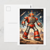 ヴィンテージ風1950年代SF赤い宇宙ロボット ポストカード (正面/裏面)