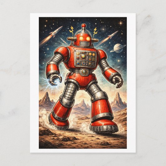 ヴィンテージ風1950年代SF赤い宇宙ロボット ポストカード (正面)