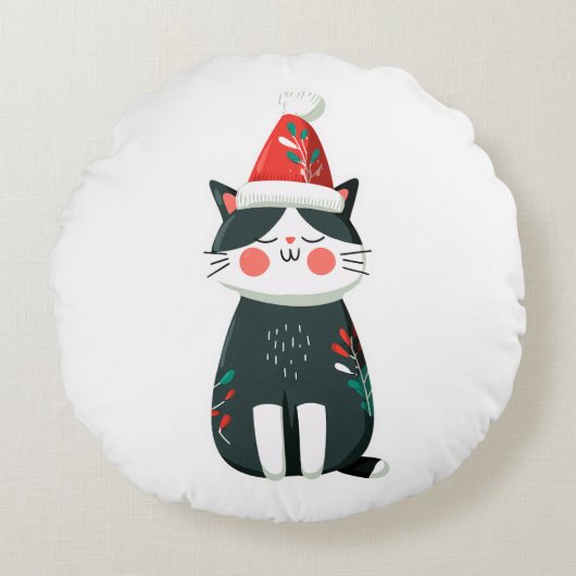 ヴィンテージ風 かわいいサンタ猫 – あたたかなクリスマス ラウンドクッション (正面)