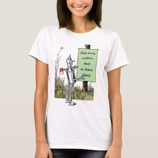 ヴィンテージ風 オズの魔法使い、ブリキの木こりが看板を読む Tシャツ (正面)