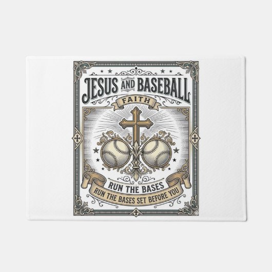 ヴィンテージ風 クリスチャングッズ イエスと野球 ドアマット (正面)