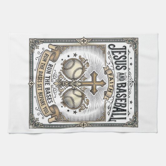 ヴィンテージ風 クリスチャンTシャツ イエスと野球 キッチンタオル (横)