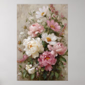 ヴィンテージ風 ピンクと白の芍薬のブーケアート ポスター (正面)