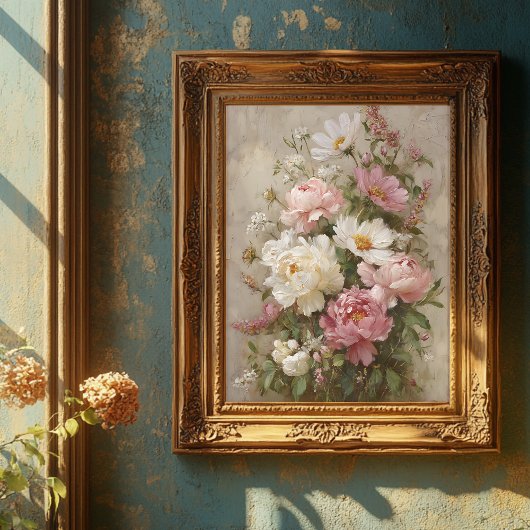 ヴィンテージ風 ピンクと白の芍薬のブーケアート ポスター