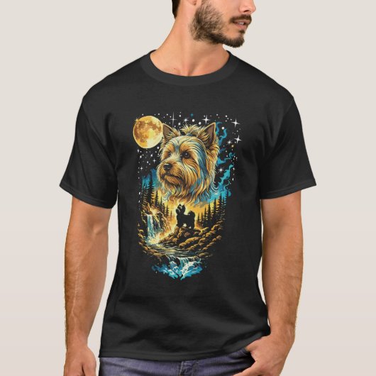 ヴィンテージ風 ヨーキー犬 月に吠える 面白いヨーキーのデザイン Tシャツ (正面)