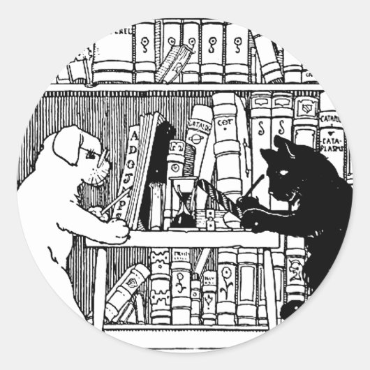 ヴィンテージ風 猫と犬の図書館 文学  ラウンドシール (正面)