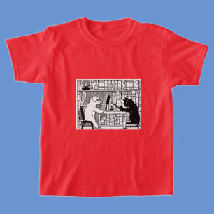 ヴィンテージ風 猫と犬の図書館 文学 Tシャツ