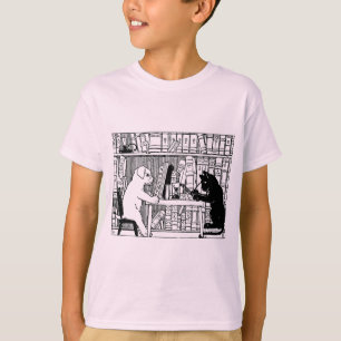 ヴィンテージ風 猫と犬の図書館 文学  Tシャツ