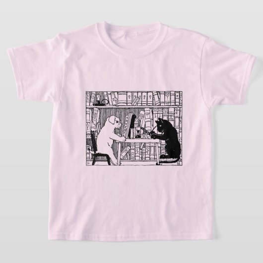 ヴィンテージ風 猫と犬の図書館 文学 Tシャツ (レイダウン)