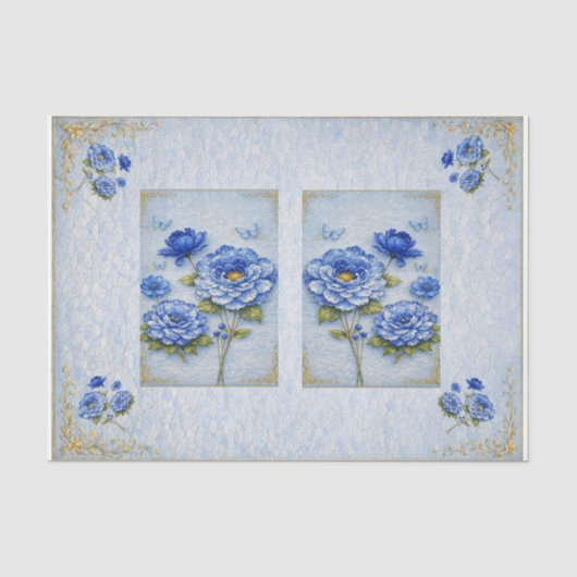 ヴィンテージ風 青と金の花柄 デコパージュ 薄葉紙 (正面)