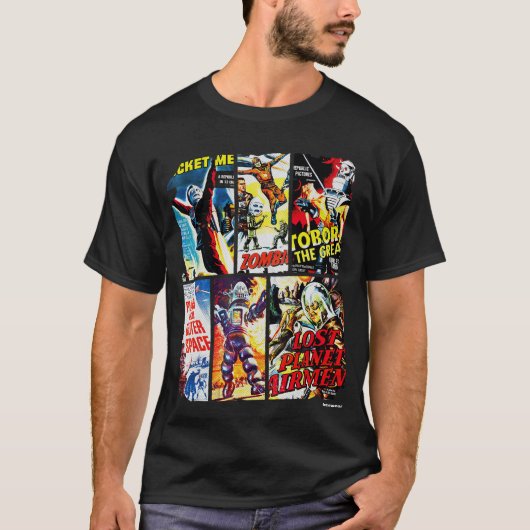 ヴィンテージ風SFホラー映画ポスターコラージュ f Tシャツ (正面)