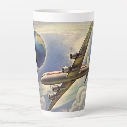 ヴィンテージ飛んでいるで世界中に雲が広がる飛行機 カフェラテマグ (正面)