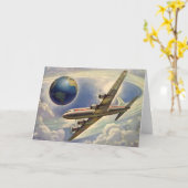 ヴィンテージ飛んでいるで世界中に雲が広がる飛行機 カード (黄色い花)