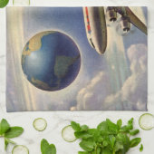 ヴィンテージ飛んでいるで世界中に雲が広がる飛行機 キッチンタオル (折り畳み)