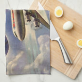 ヴィンテージ飛んでいるで世界中に雲が広がる飛行機 キッチンタオル (四つ折り)