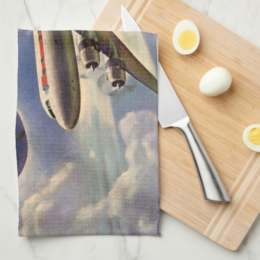 ヴィンテージ飛んでいるで世界中に雲が広がる飛行機 キッチンタオル (四つ折り)