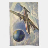 ヴィンテージ飛んでいるで世界中に雲が広がる飛行機 キッチンタオル (縦)