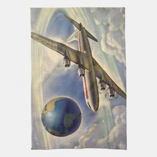 ヴィンテージ飛んでいるで世界中に雲が広がる飛行機 キッチンタオル (縦)