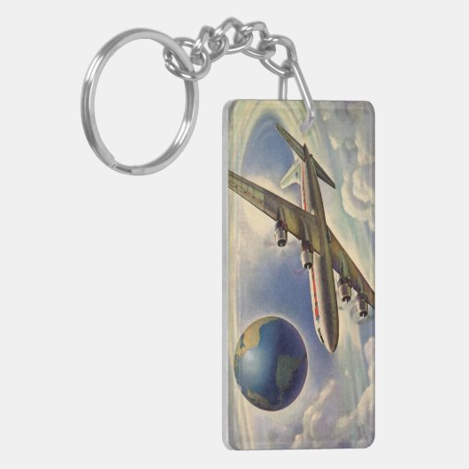 ヴィンテージ飛んでいるで世界中に雲が広がる飛行機 キーホルダー (正面左)