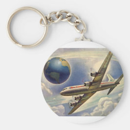 ヴィンテージ飛んでいるで世界中に雲が広がる飛行機 キーホルダー