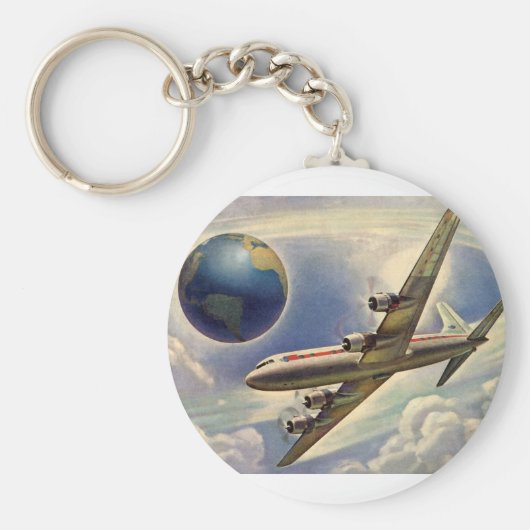 ヴィンテージ飛んでいるで世界中に雲が広がる飛行機 キーホルダー (正面)