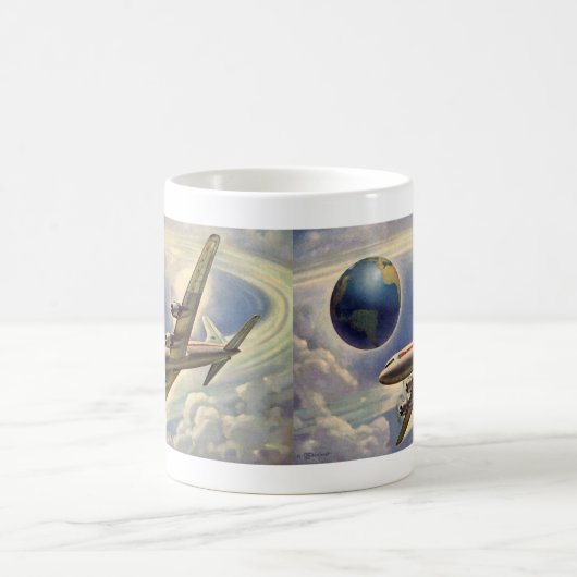 ヴィンテージ飛んでいるで世界中に雲が広がる飛行機 コーヒーマグカップ (中央)