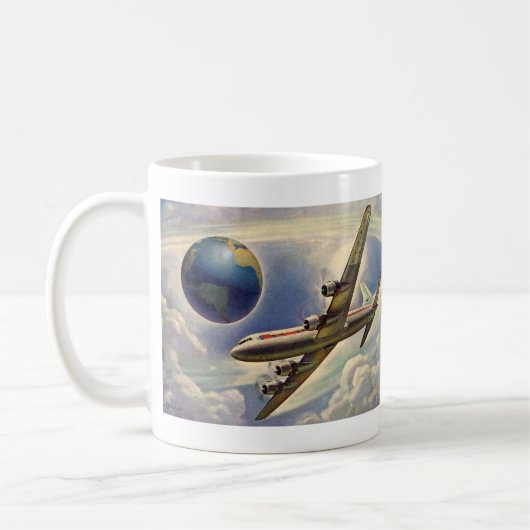 ヴィンテージ飛んでいるで世界中に雲が広がる飛行機 コーヒーマグカップ (左)