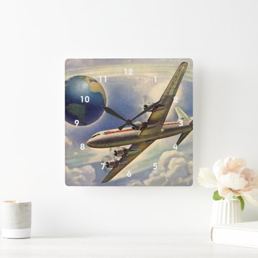 ヴィンテージ飛んでいるで世界中に雲が広がる飛行機 スクエア壁時計 (ホーム)