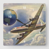 ヴィンテージ飛んでいるで世界中に雲が広がる飛行機 スクエア壁時計 (正面)