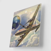 ヴィンテージ飛んでいるで世界中に雲が広がる飛行機 スクエア壁時計 (傾斜)