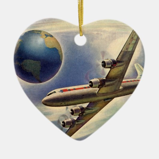 ヴィンテージ飛んでいるで世界中に雲が広がる飛行機 セラミックオーナメント (正面)