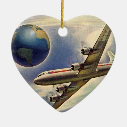 ヴィンテージ飛んでいるで世界中に雲が広がる飛行機 セラミックオーナメント (裏面)