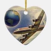 ヴィンテージ飛んでいるで世界中に雲が広がる飛行機 セラミックオーナメント (正面)