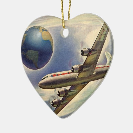ヴィンテージ飛んでいるで世界中に雲が広がる飛行機 セラミックオーナメント (左)
