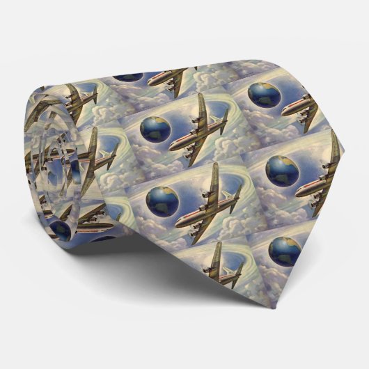 ヴィンテージ飛んでいるで世界中に雲が広がる飛行機 ネクタイ (ロール)