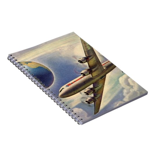 ヴィンテージ飛んでいるで世界中に雲が広がる飛行機 ノートブック (右側)